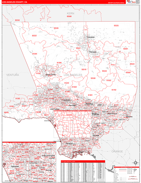 Los Angeles County, CA Map Red Line Style